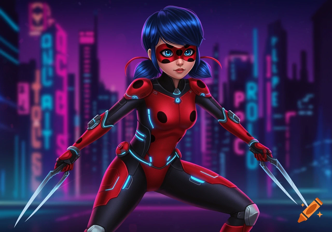 Ladybug in a futuristic red and black suit with glowing blue accents, holding blades in a neon cityscape.