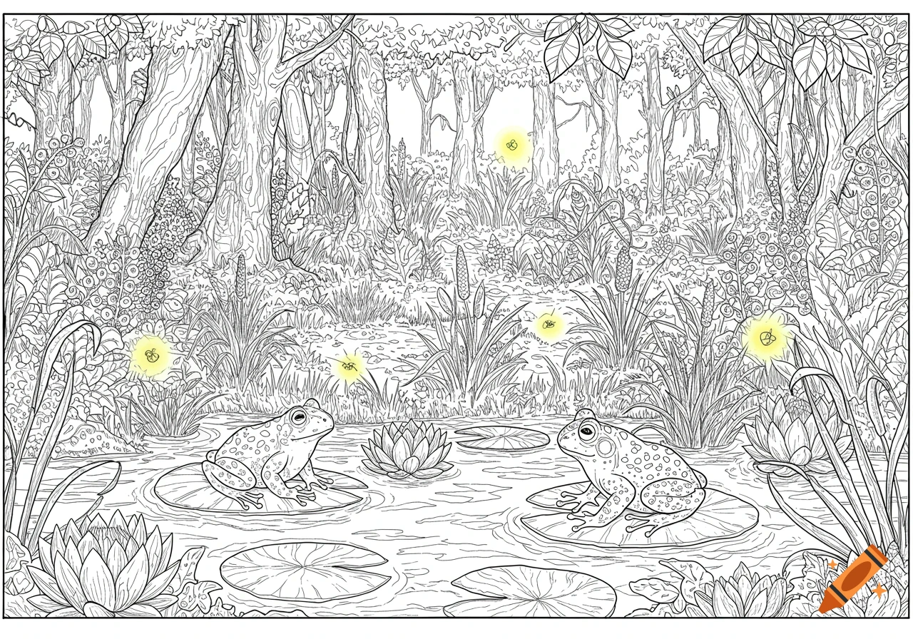 Line drawing of two frogs on lily pads in a swamp scene with fireflies, bold lined style.