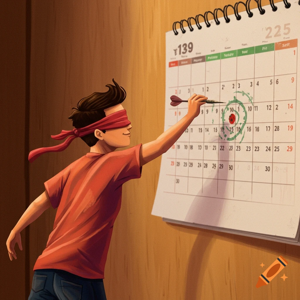 A blindfolded boy throws a dart at a calendar on a wall.