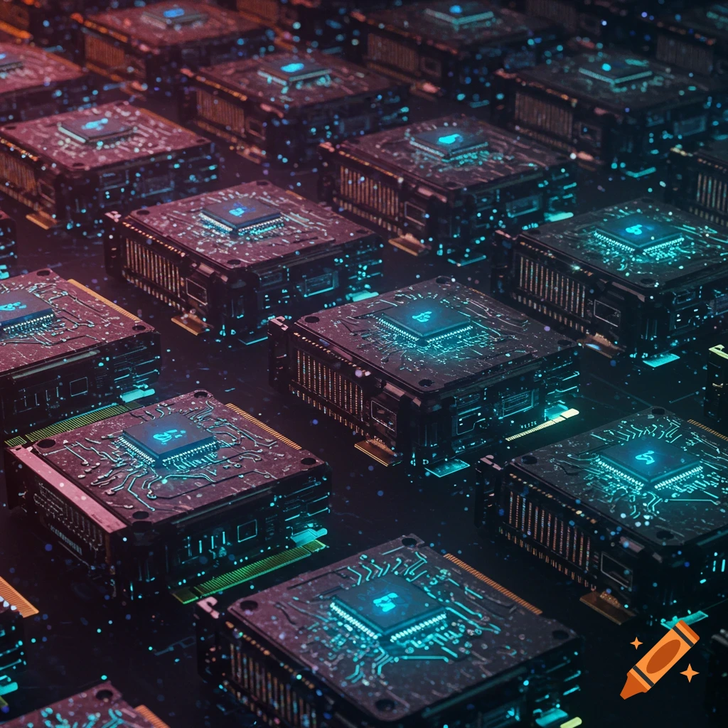 Many illuminated computer processors or GPUs arranged in a grid
