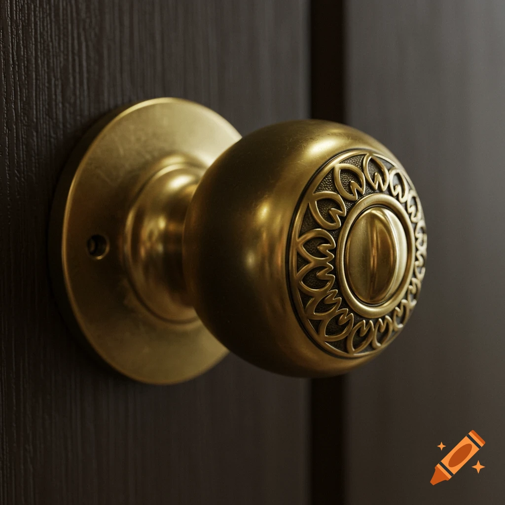 A close-up of a brass door knob with decorative engraving on a dark wooden door.