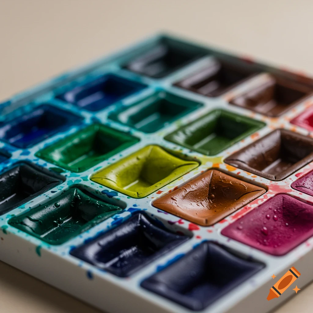 Close-up view of a watercolor paint palette with various colors and paint splatters.