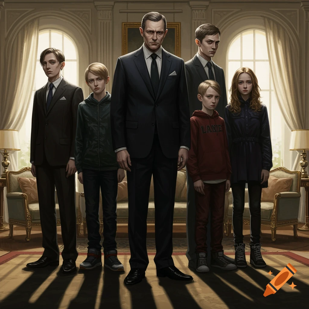 Family standing in a grand mansion.