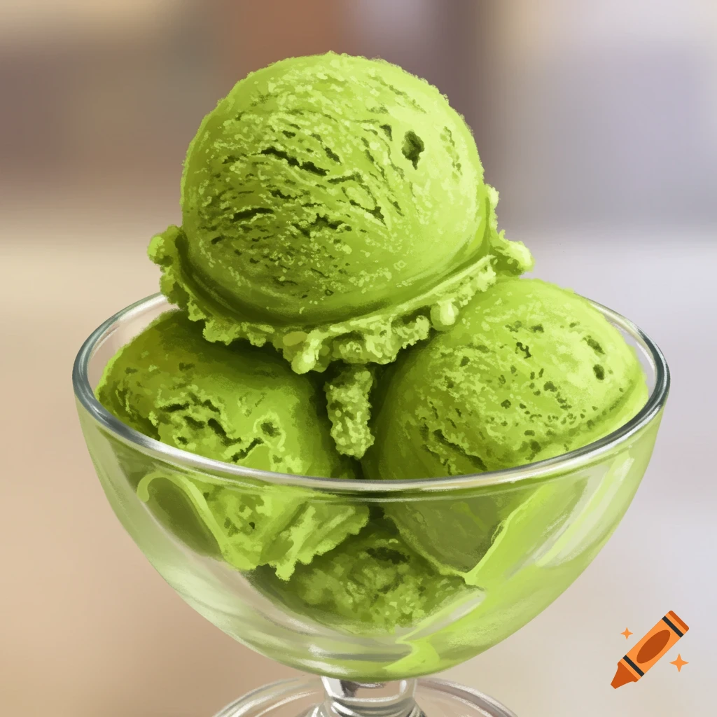 Scoops of green pistachio ice cream in a glass bowl.