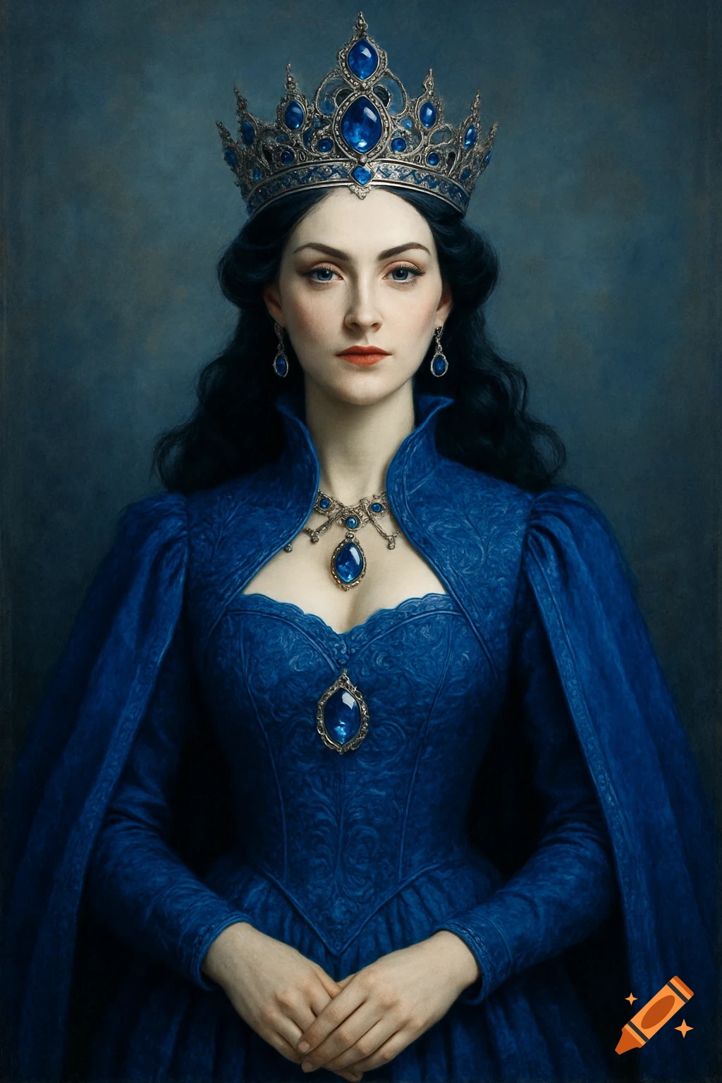 A queen wearing a blue dress and jeweled crown.