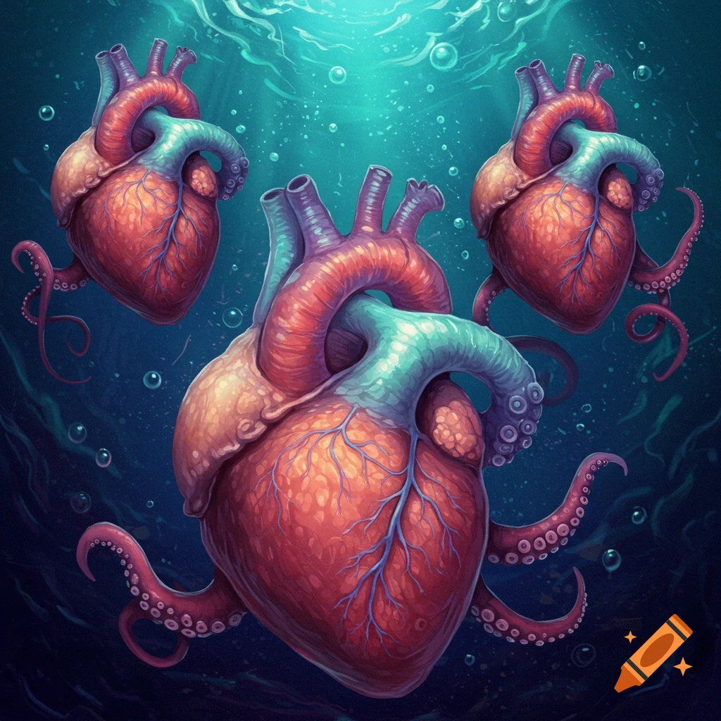 Three octopus hearts swimming underwater with bubbles and light rays.
