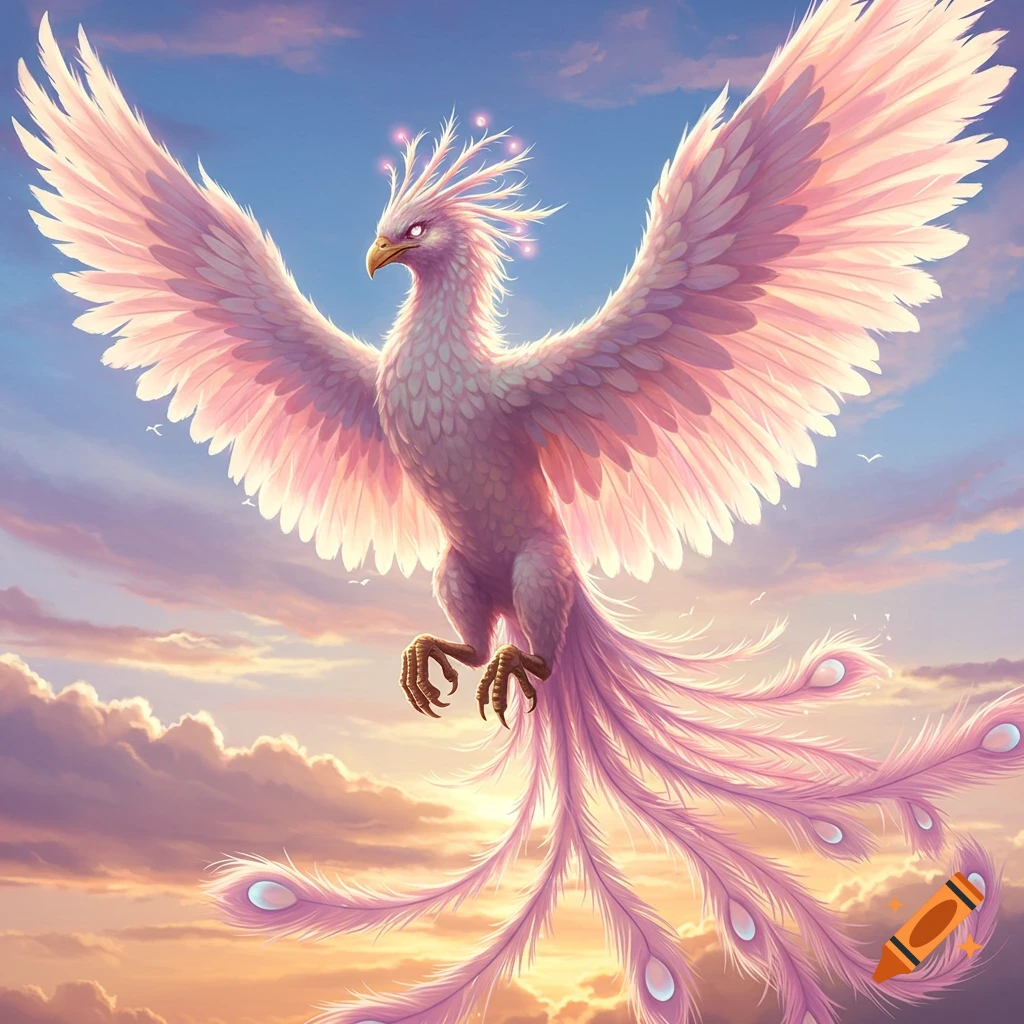A majestic white and pink phoenix with glowing feathers flies through a cloudy sunset sky.
