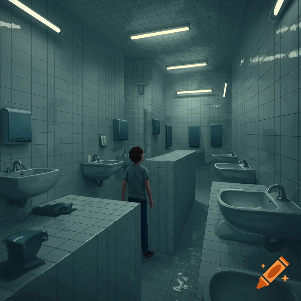 A person stands in a large, maze-like tiled washroom with many sinks.