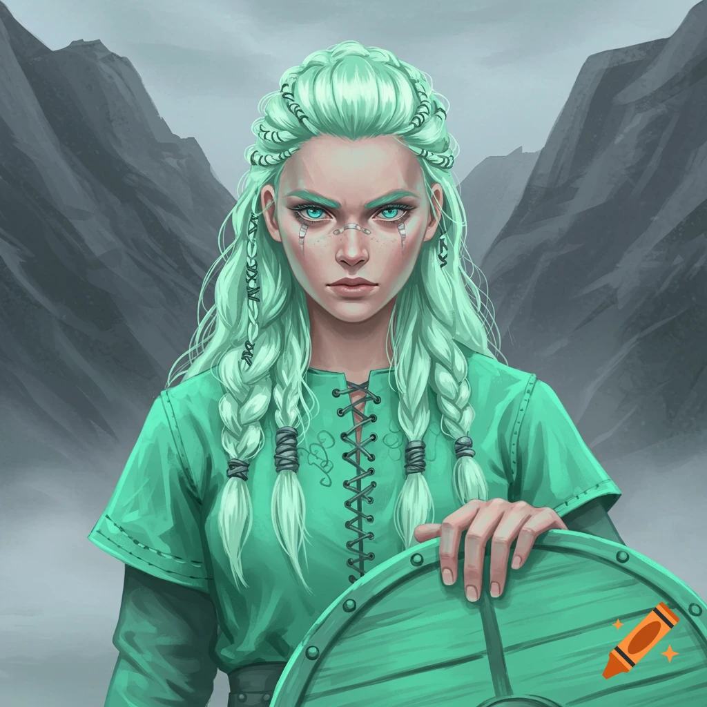 Image of a female Viking warrior with mint green hair holding a shield against a mountain backdrop.