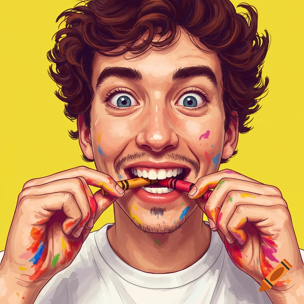 A young man with paint on his face and hands biting crayons