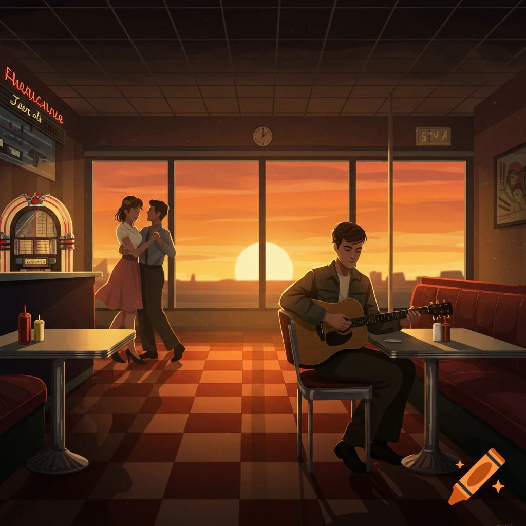 A couple dancing and a man playing guitar in a retro diner at sunset.