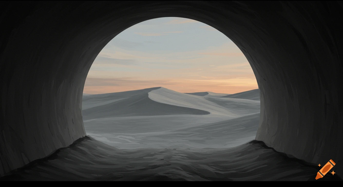 A grey sand desert is seen from inside a dark cave or tunnel entrance.