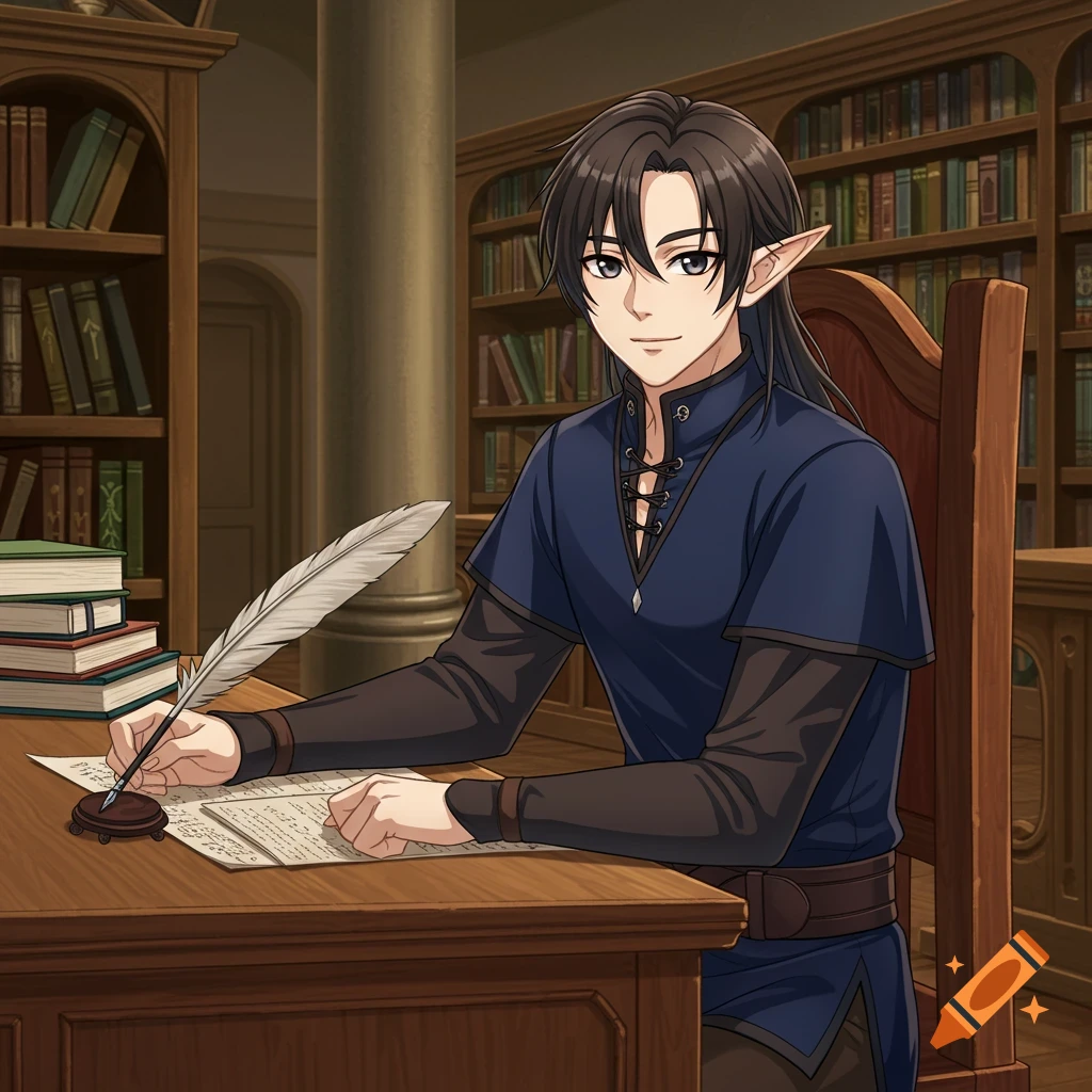 Anime-style image of a male elf writing at a desk with a quill pen in a library.