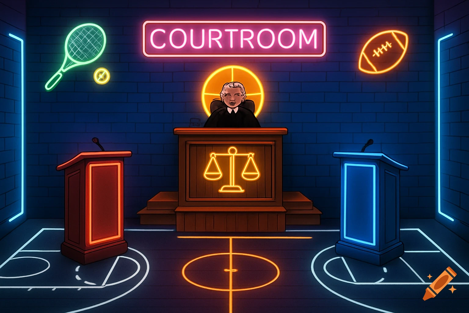 Neon lit courtroom stage with judge, podiums, tennis racket, football, and basketball court lines.
