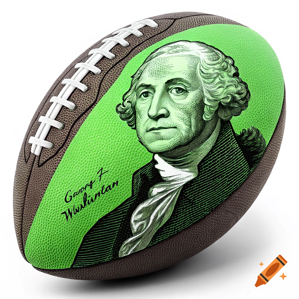 A football with a portrait of George Washington in neon green.