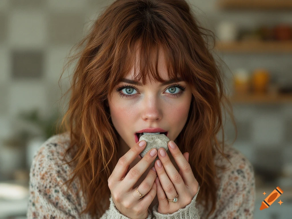 Close-up photorealistic portrait of a woman with red hair holding a grey rock to her mouth