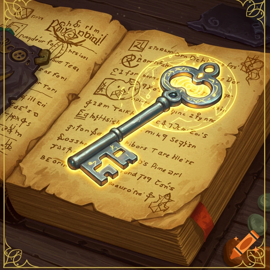 A glowing magical key rests on the open pages of an old magical book.