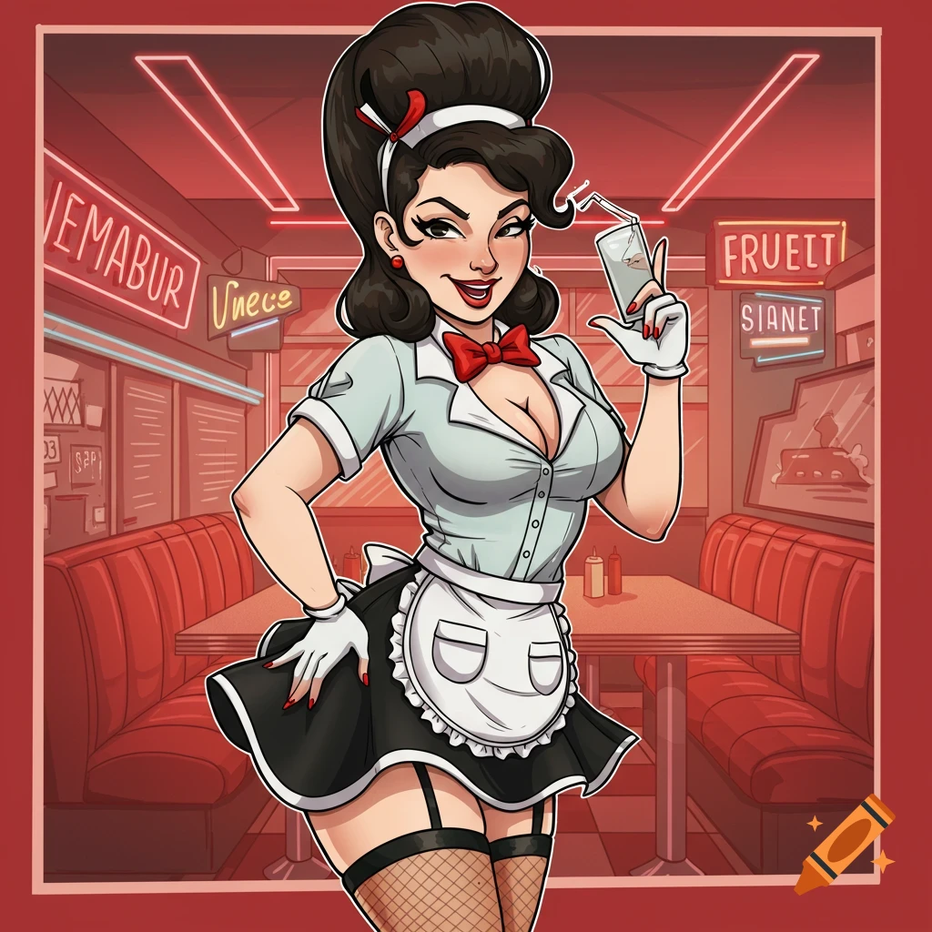 Pinup-style illustration of a smiling diner waitress in a short skirt and apron holding a drink in a diner setting.