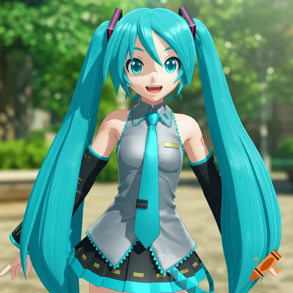 Hatsune Miku in her classic outfit smiling outdoors