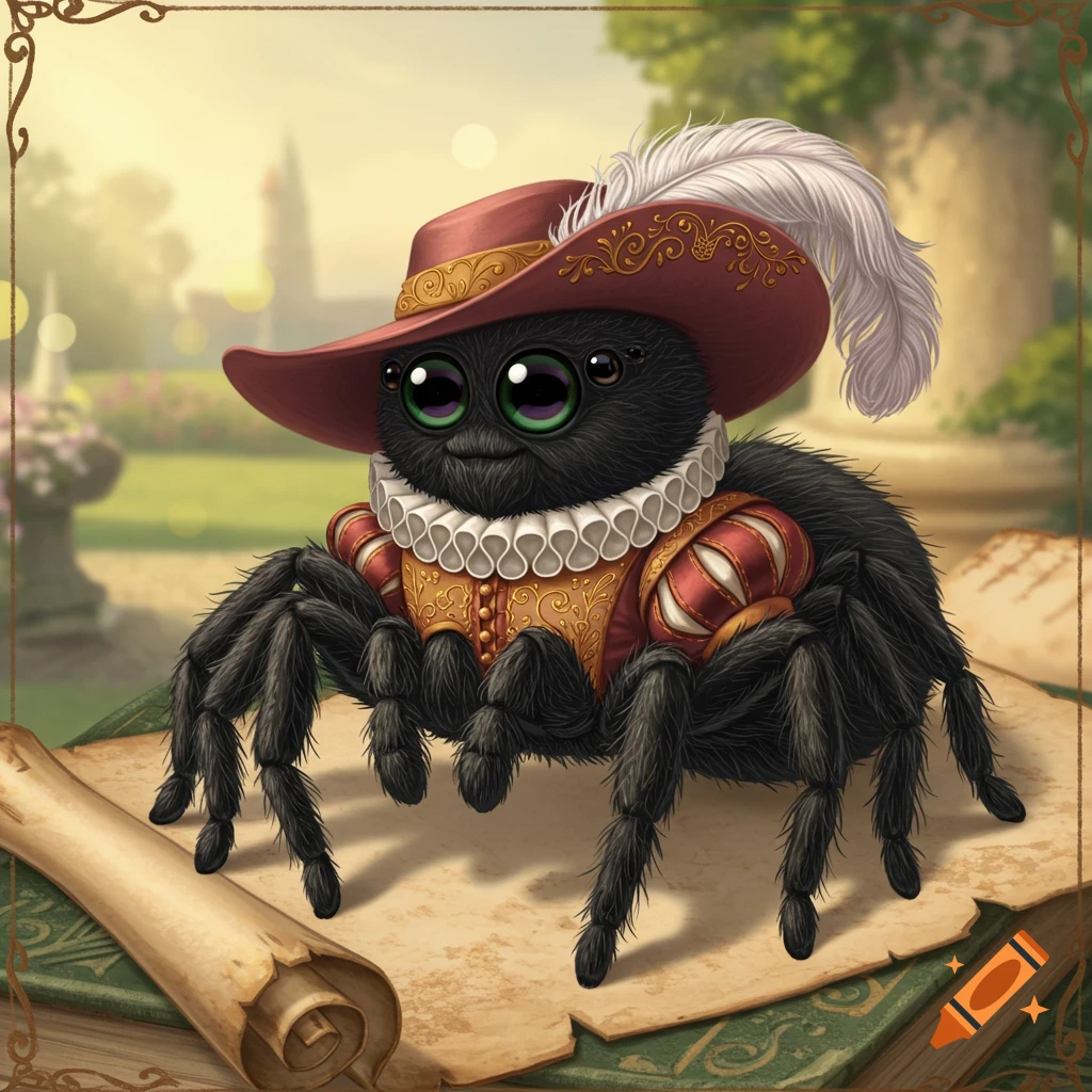 Cute fluffy spider in Renaissance clothing sits on old books and a scroll in a garden.