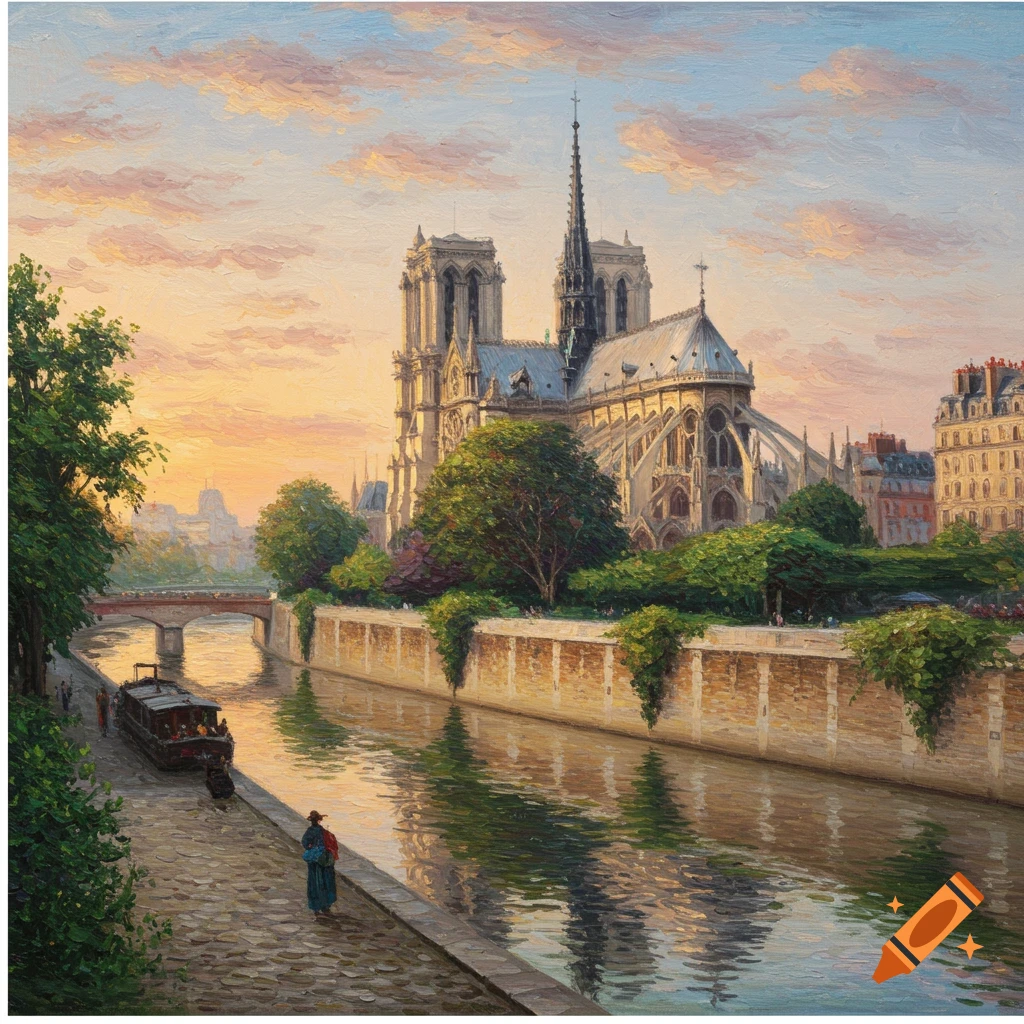 Monet style of Notre Dame cathedral in Paris over a river at sunset.