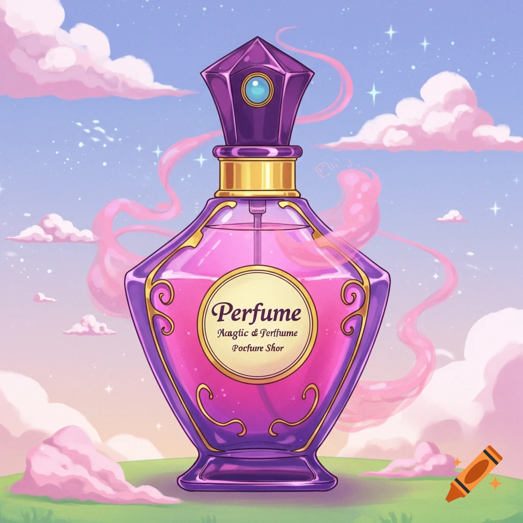 A fancy perfume bottle in a pink, purple, and blue sky with clouds.