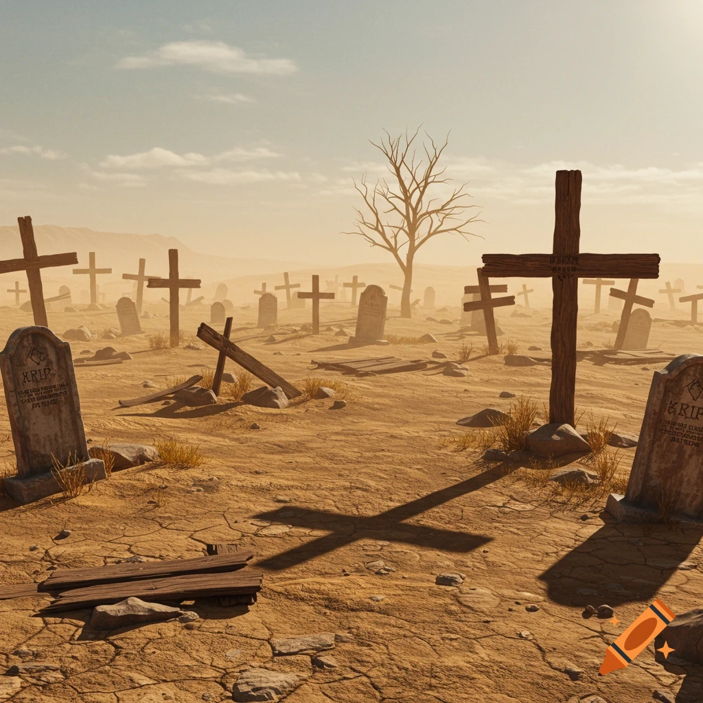 A graveyard with crosses and gravestones in a dry, desert landscape under a bright sky.