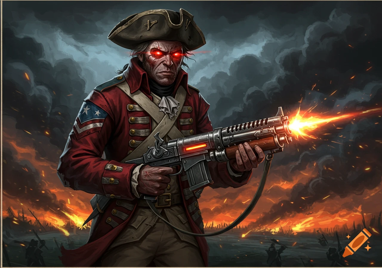 A futuristic Minuteman soldier with glowing eyes fires a weapon on a battlefield.
