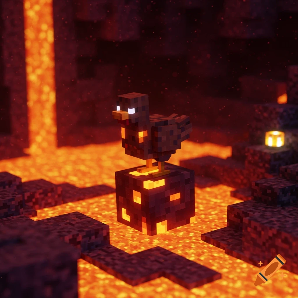 A pixelated chicken stands on a glowing block in a lava world, in the style of Minecraft.