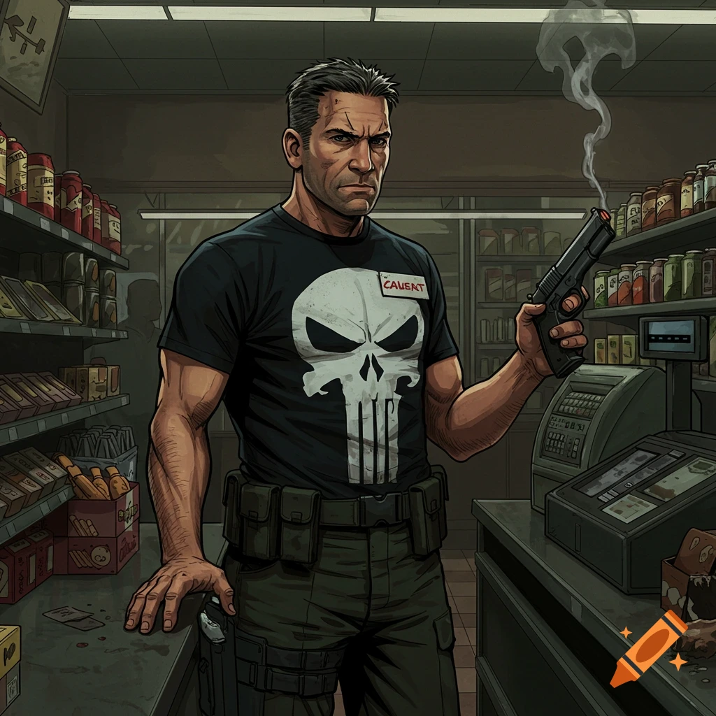 Comic art illustration of The Punisher standing in a store, holding a smoking gun. He wears a skull shirt.