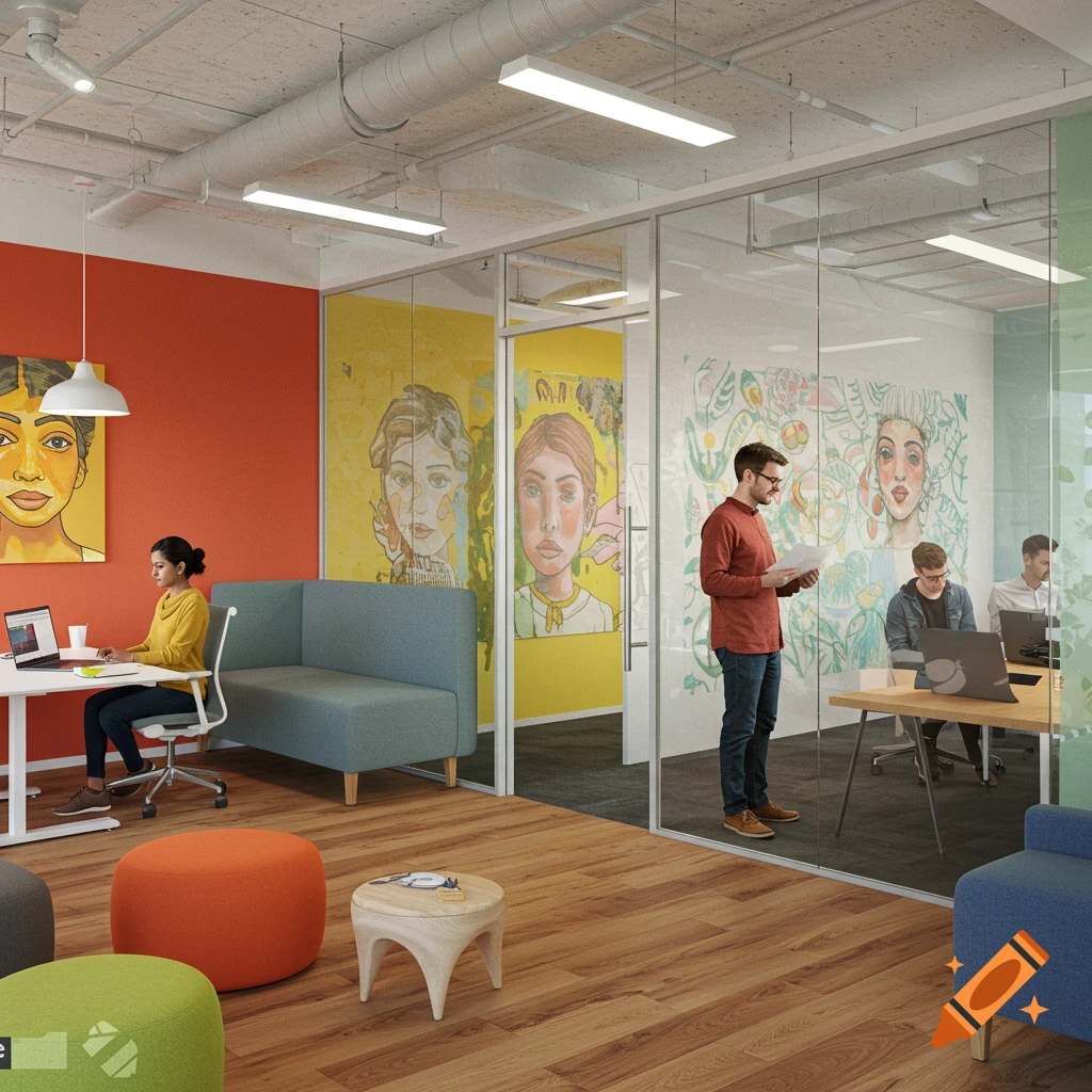 A bright modern office interior with people working, colorful furniture, and large wall art.