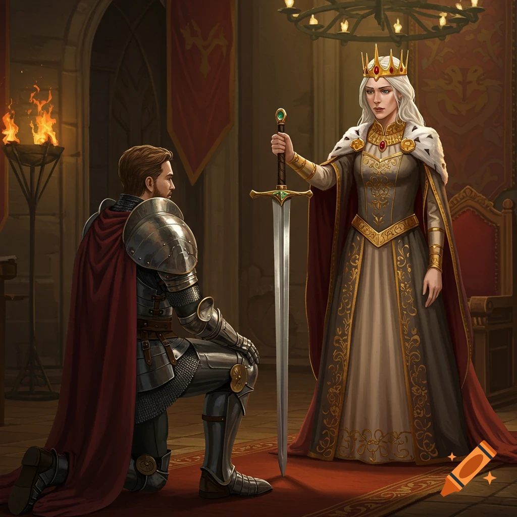 A knight kneels before a queen with a sword in a castle throne room.