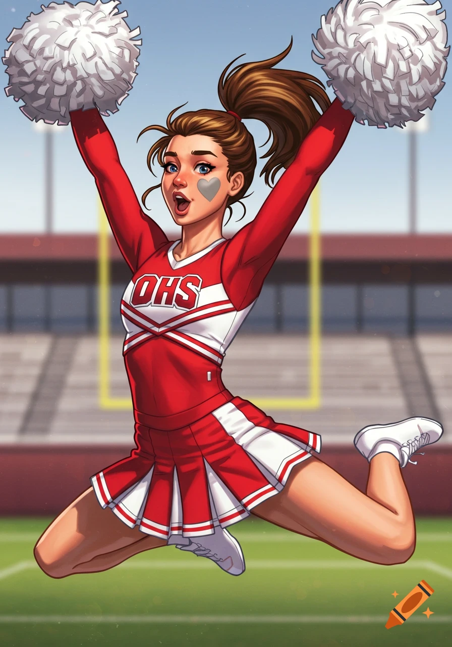 A cheerleader in a red uniform jumping with pom-poms on a football field.