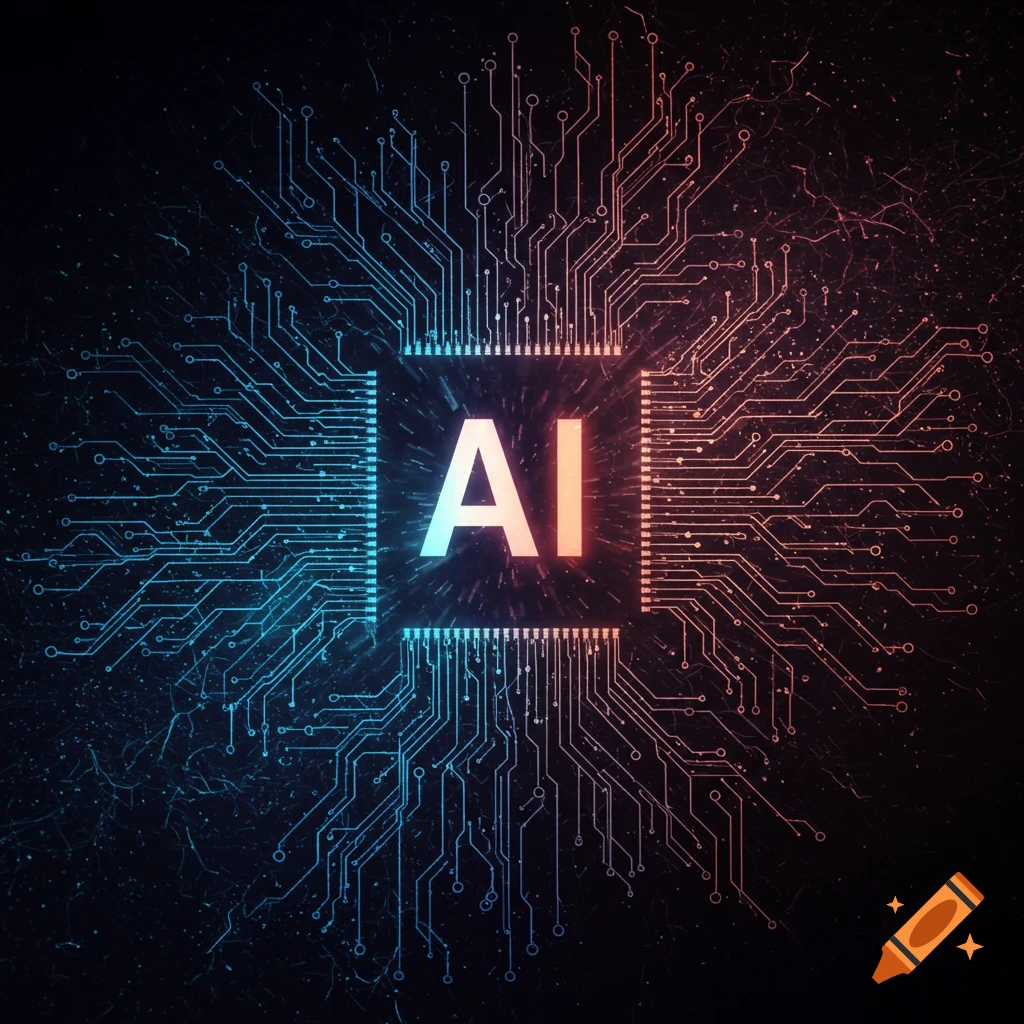 Stylized text AI on a digital circuit board with radiating red and blue pathways and glowing particles.