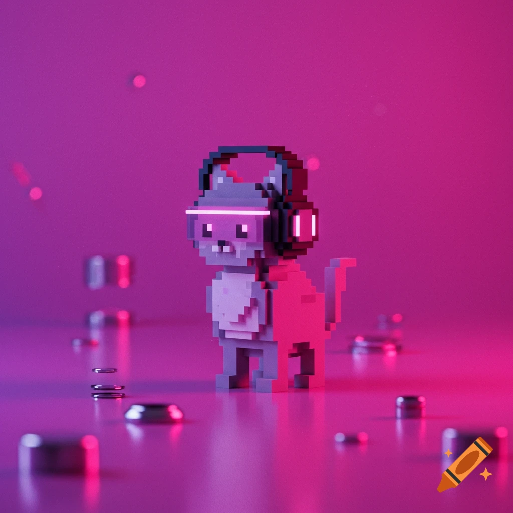 Pixelated cat wearing headphones and a visor in pink and purple lighting.