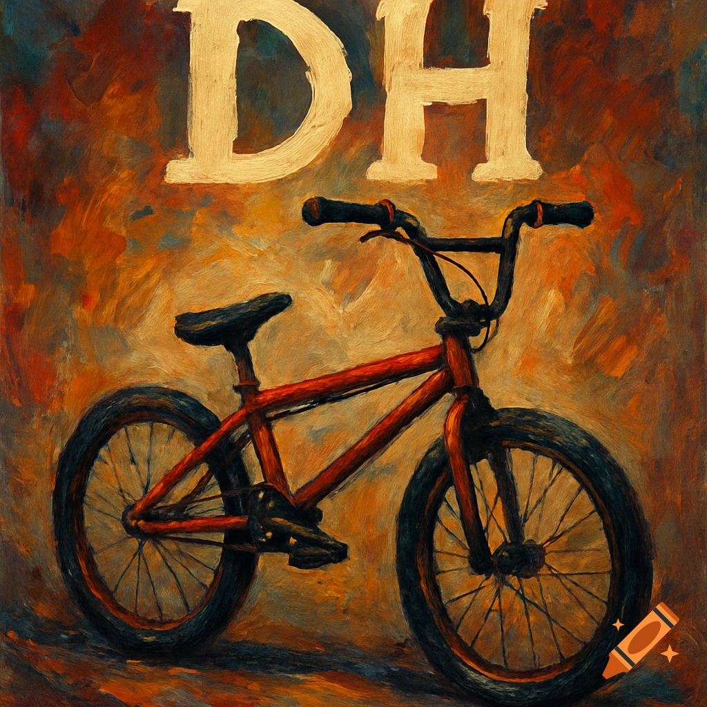 A red BMX bike with the letters DH above it.