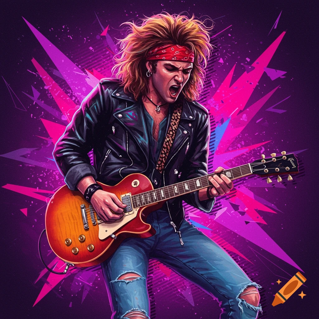 Painting of a rock musician in 80s style playing a Gibson guitar.