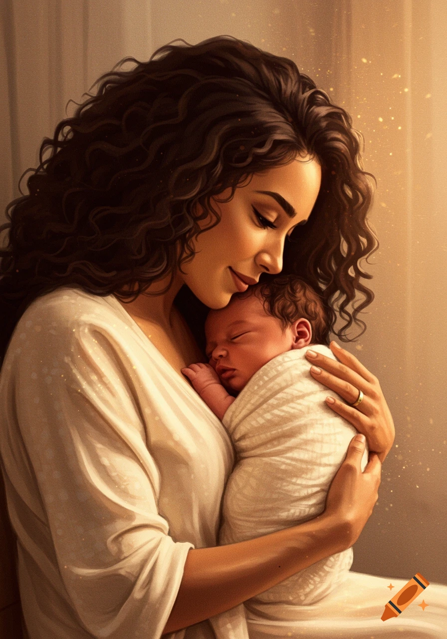 A mother gently holding her sleeping newborn baby.
