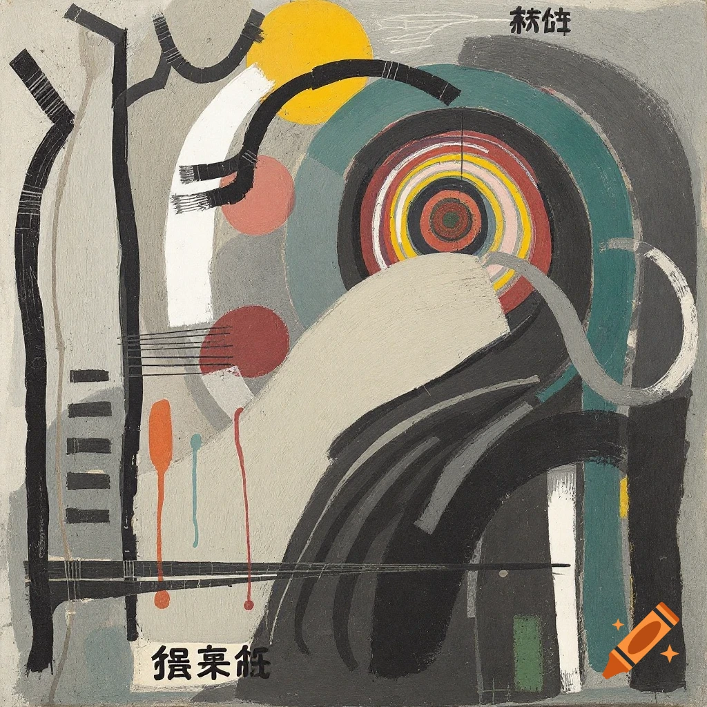 Abstract painting with geometric shapes, arcs, circles, and lines in gray, black, white, yellow, red, and teal.