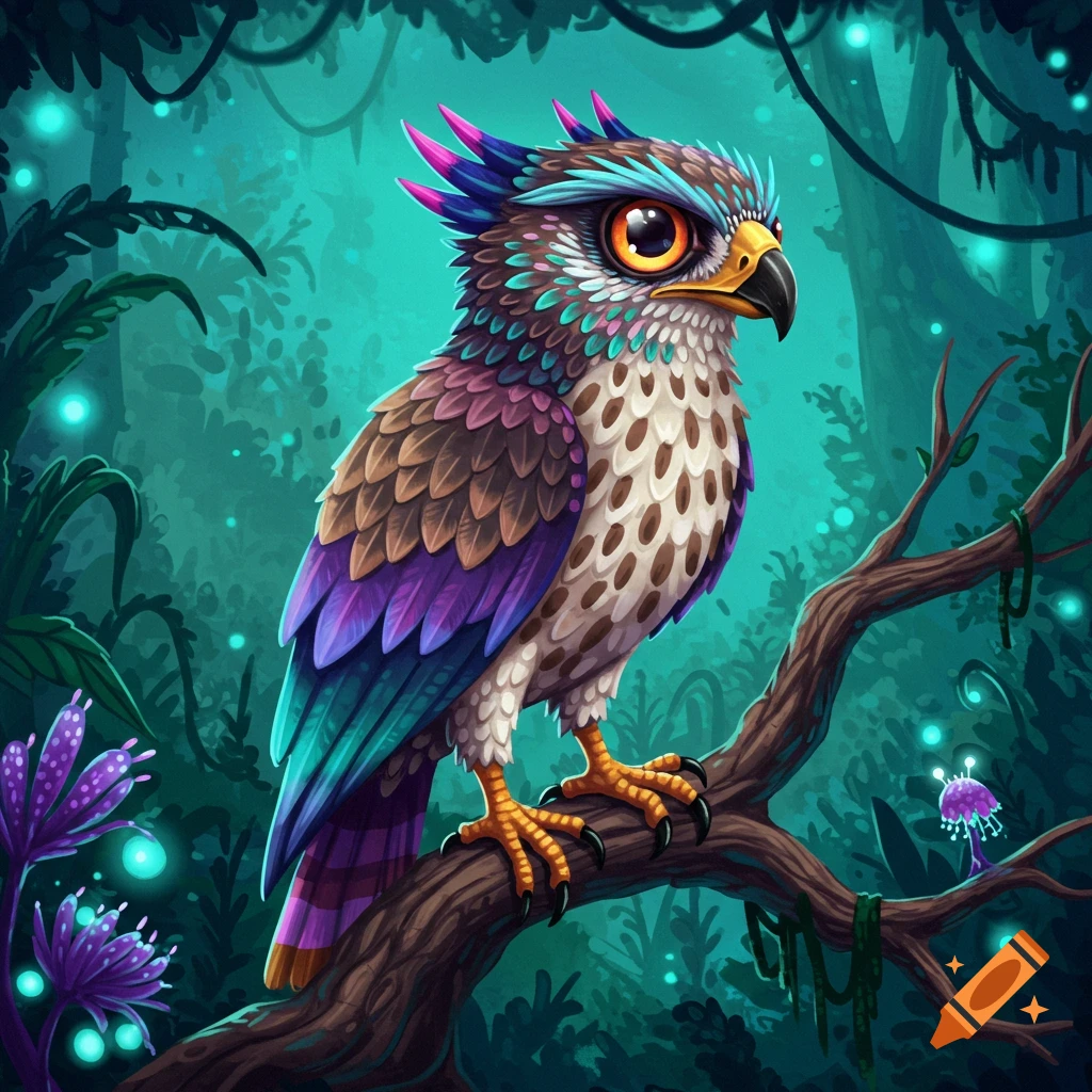 A colorful hawk alebrije perches on a branch in a stylized forest.