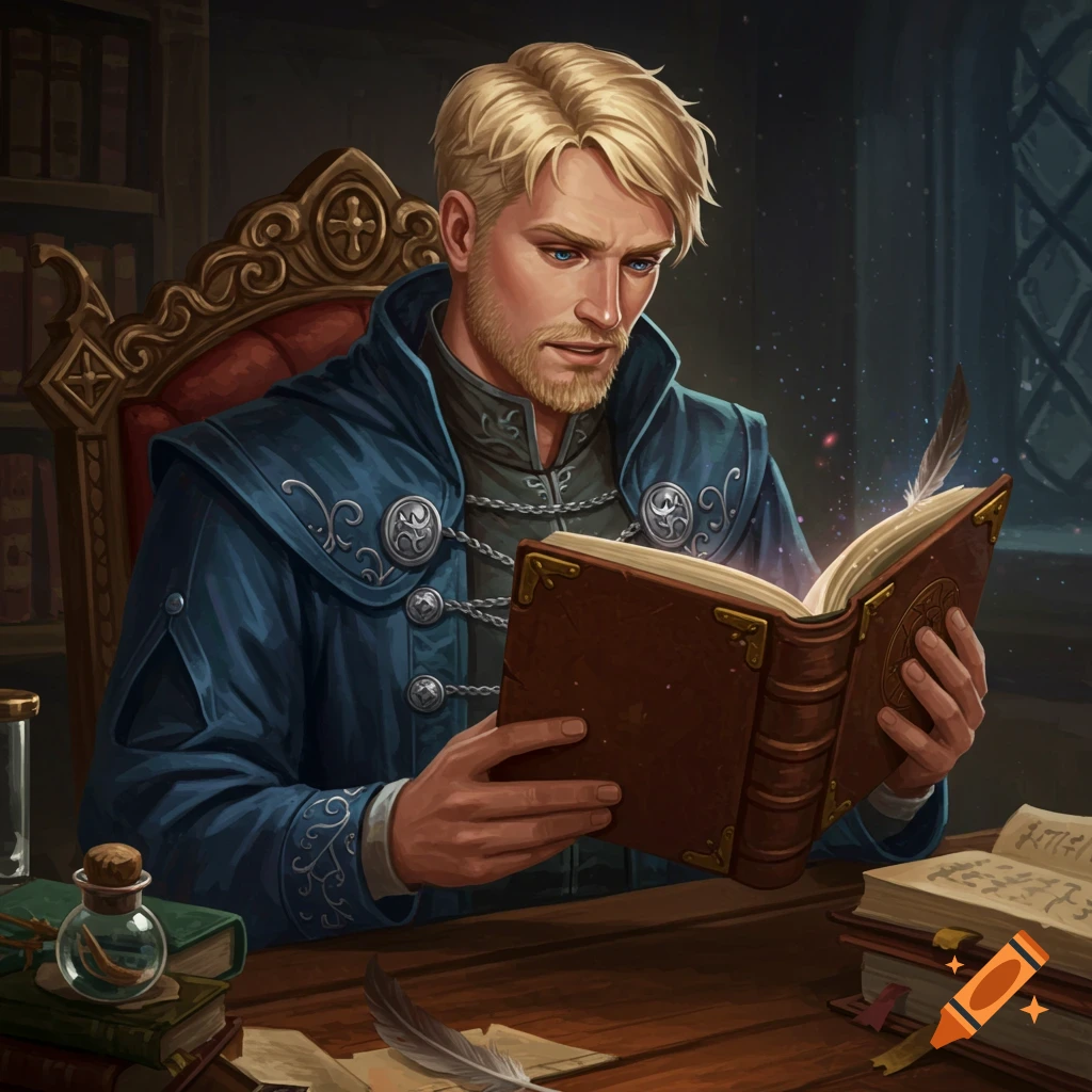 A blonde man with stubble in a blue robe reading a glowing book at a desk in a library.