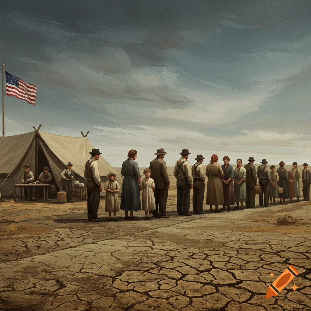 People in a line outside a tent with a US flag in a dry, cracked landscape during the Great Depression.