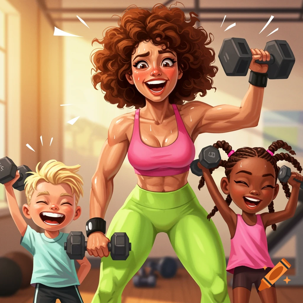 Cartoon of a muscular mom and her two kids lifting weights in a gym.