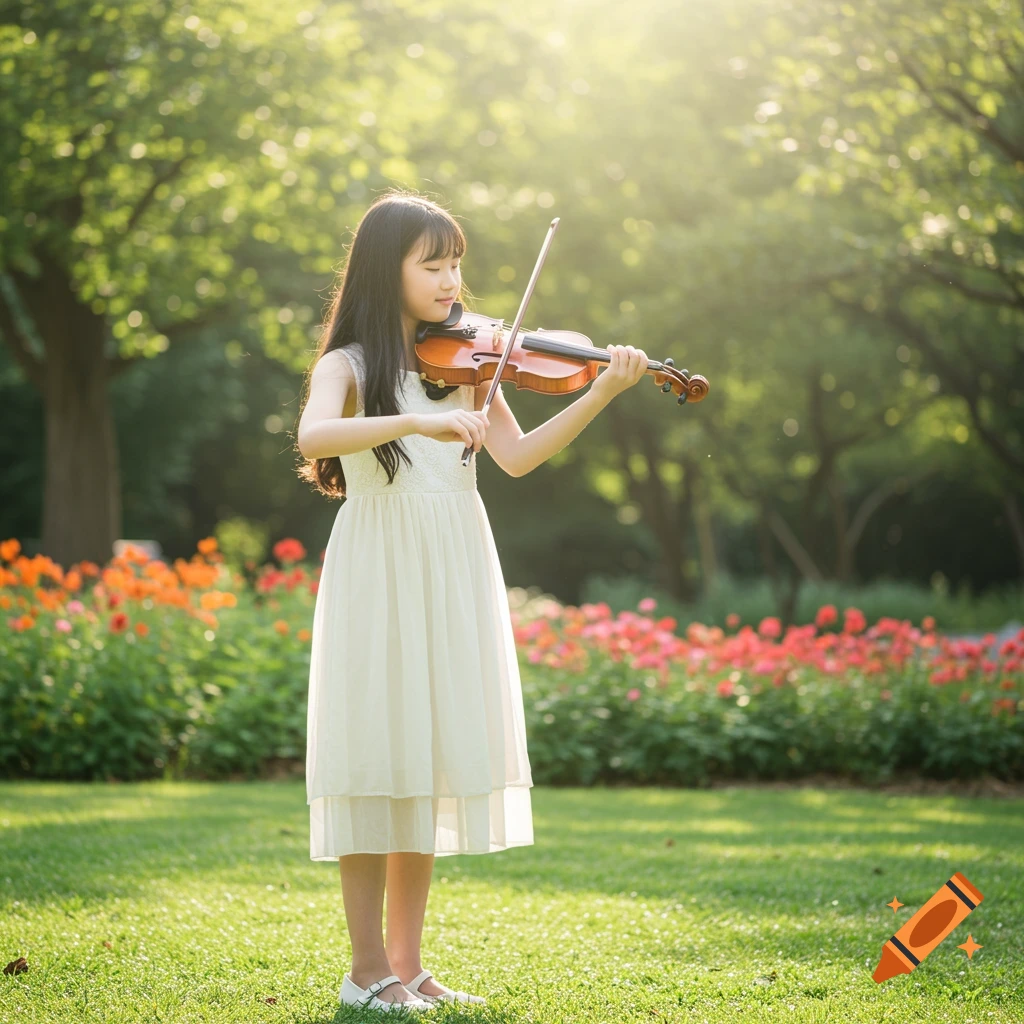 Young girl playing a violin in a sunny park with flowers.
