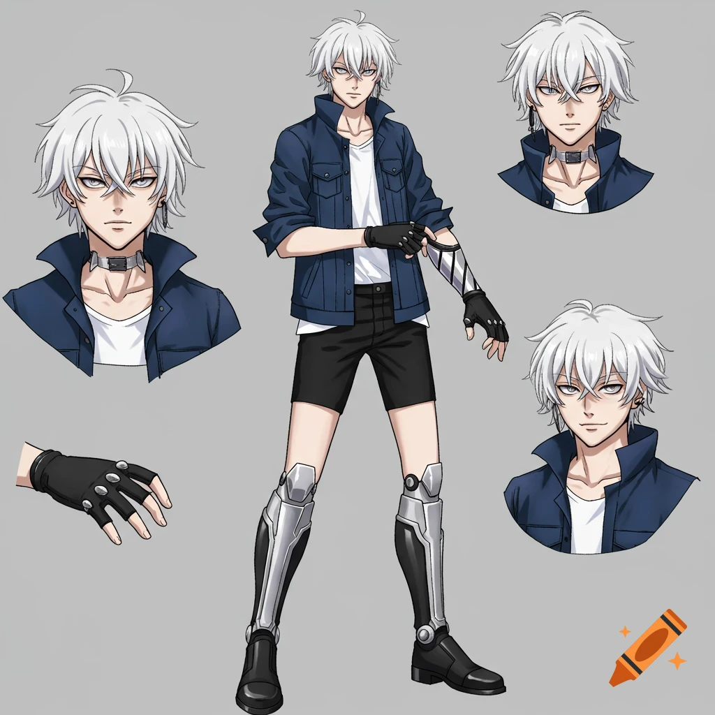 Anime character reference sheet of white-haired male with cybernetic legs.