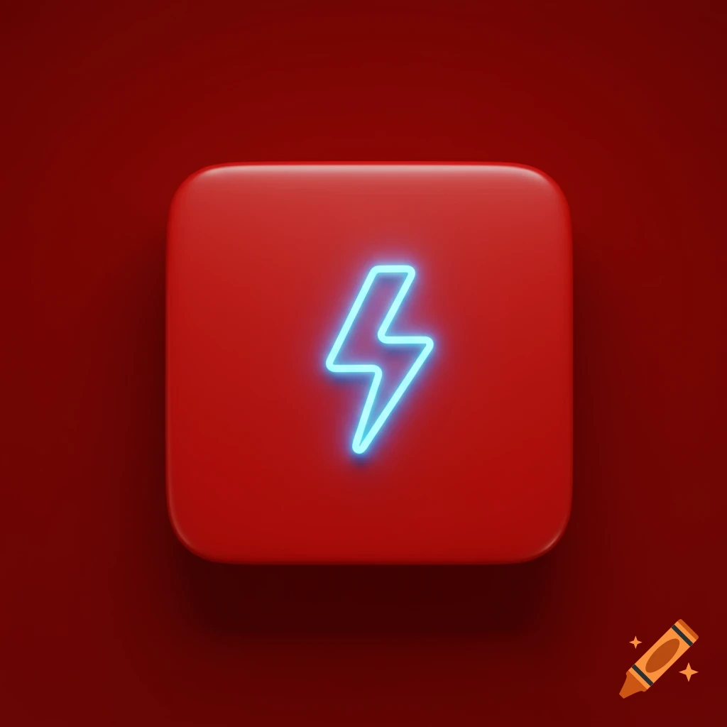 A blue neon outline lightning bolt symbol on a red rounded square icon on a red background.
