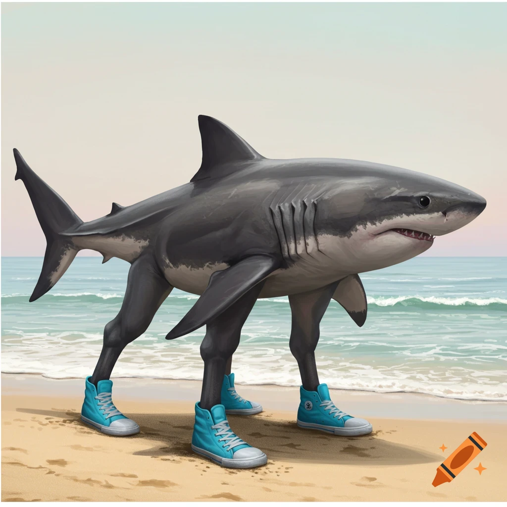 A shark with four legs and blue shoes walking on a beach.
