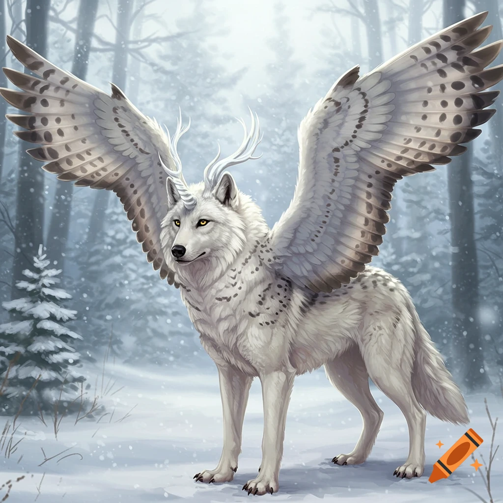 A white wolf unicorn snowy owl hybrid stands in a snowy forest.