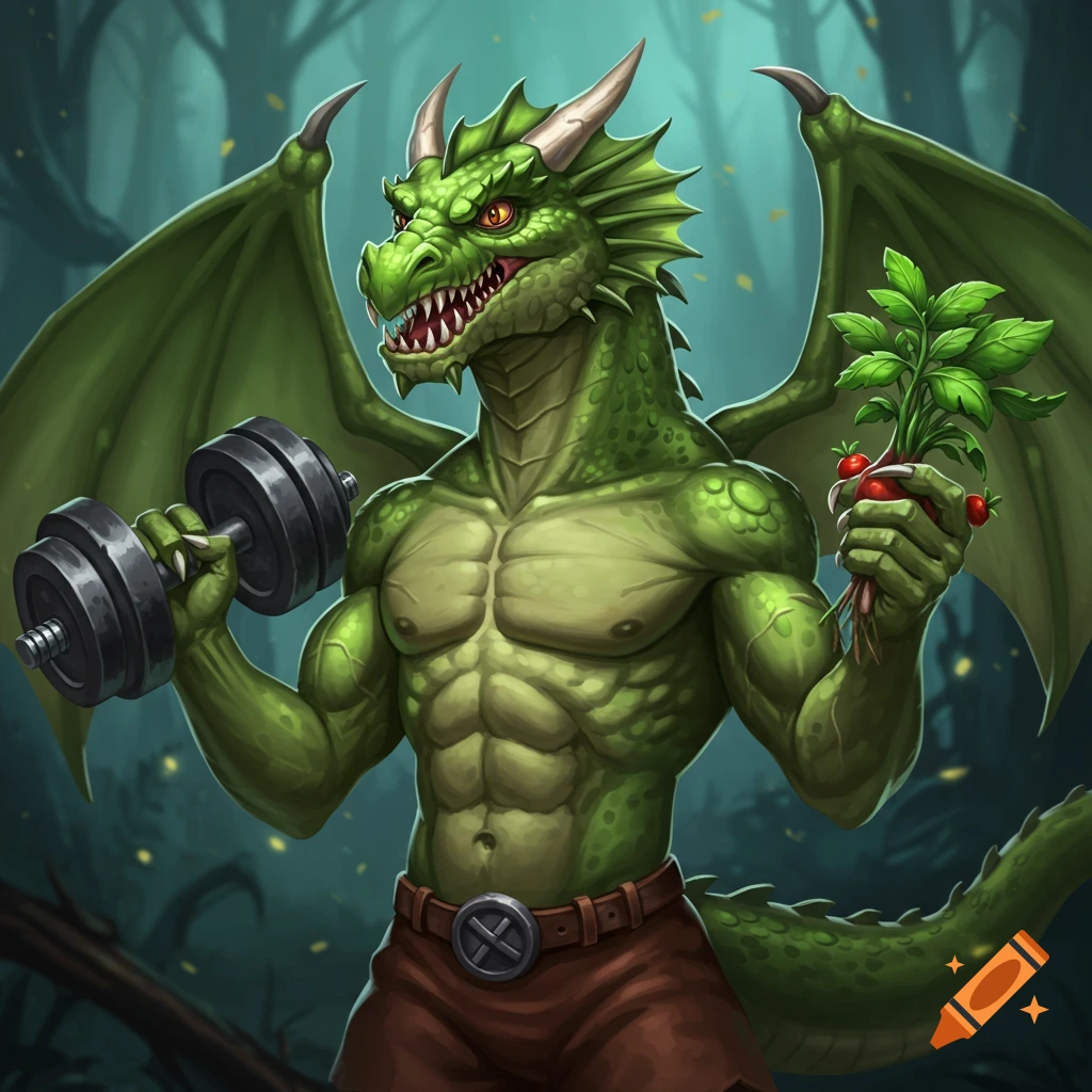 A muscular green dragon lifting a dumbbell and holding a plant with berries.