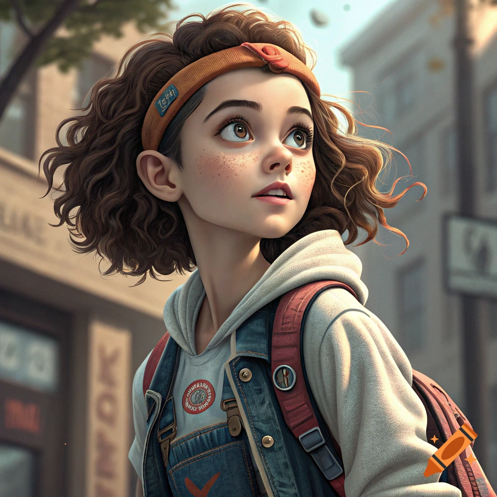 Stylized portrait of a young girl with freckles, headband, backpack, looking up in a city.